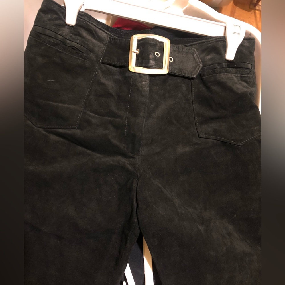 Black Suede Pants with Gold Buckle